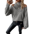 thumbnail image 3 of Women Cold Shoulder Sweater Turtelneck Cut Out Pullover Sweater Casual Long Sleeve High Neck 2 in 1 Tops Gray L, 3 of 10