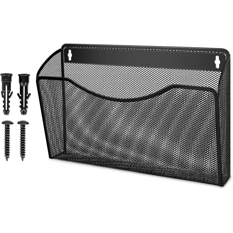 EASEPRES 5 Tier Mesh Wall File Organizer With Bottom Tray - Black Vertical Hanging Magazine Rack For Home & Office