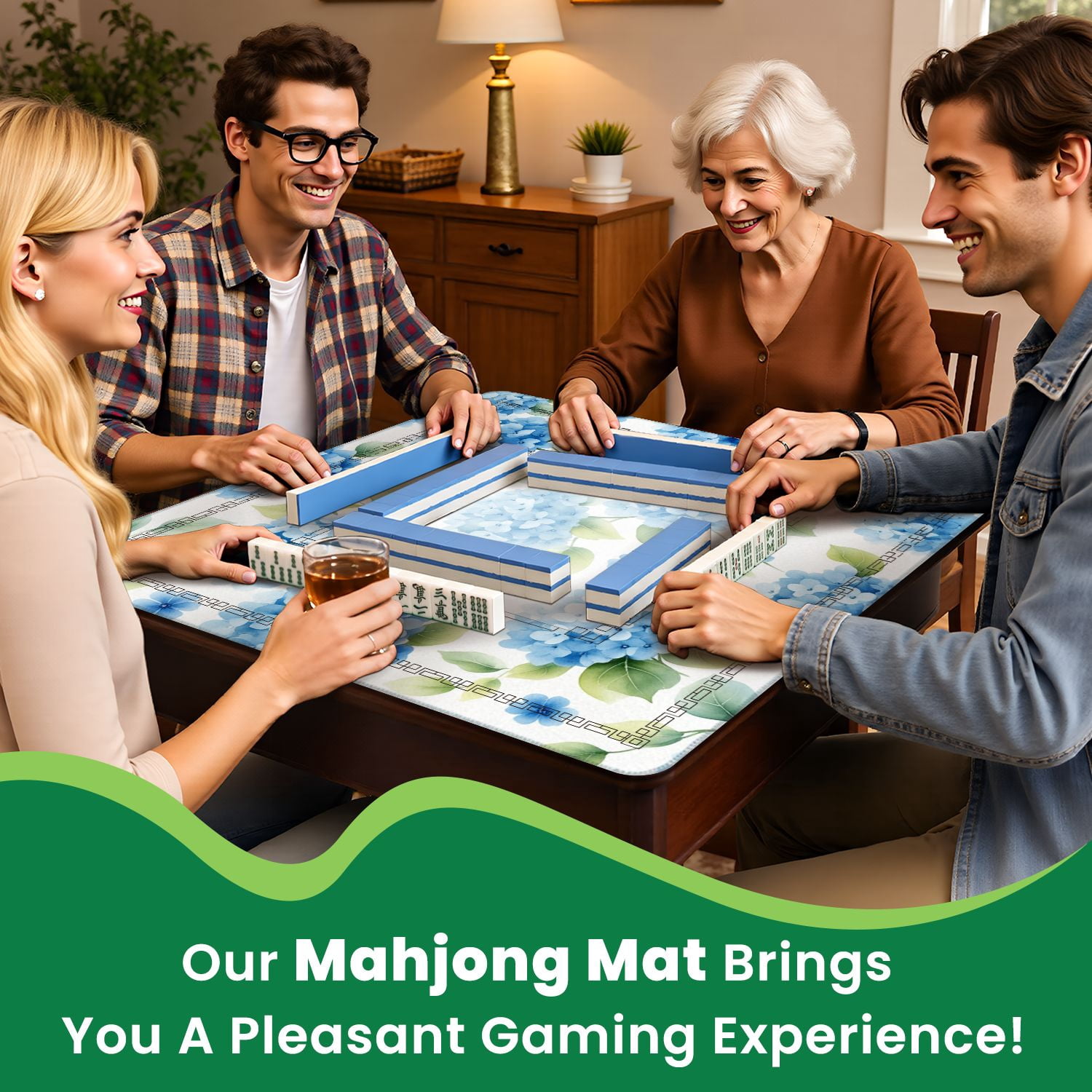 Mahjong Mat 31.5" x 31.5" Seamless watercolor blue hydrangea leaves floral Non-Slip Noise Reduction American Mahjong Tiles Table Cover for Dominoes Poker Card Board Games Gift