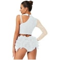 thumbnail image 3 of SiiRoh Women Ballroom Latin Dance Set One Shoulder Crop Top with Feather Briefs Belly Dancing Outfit White XXL, 3 of 6