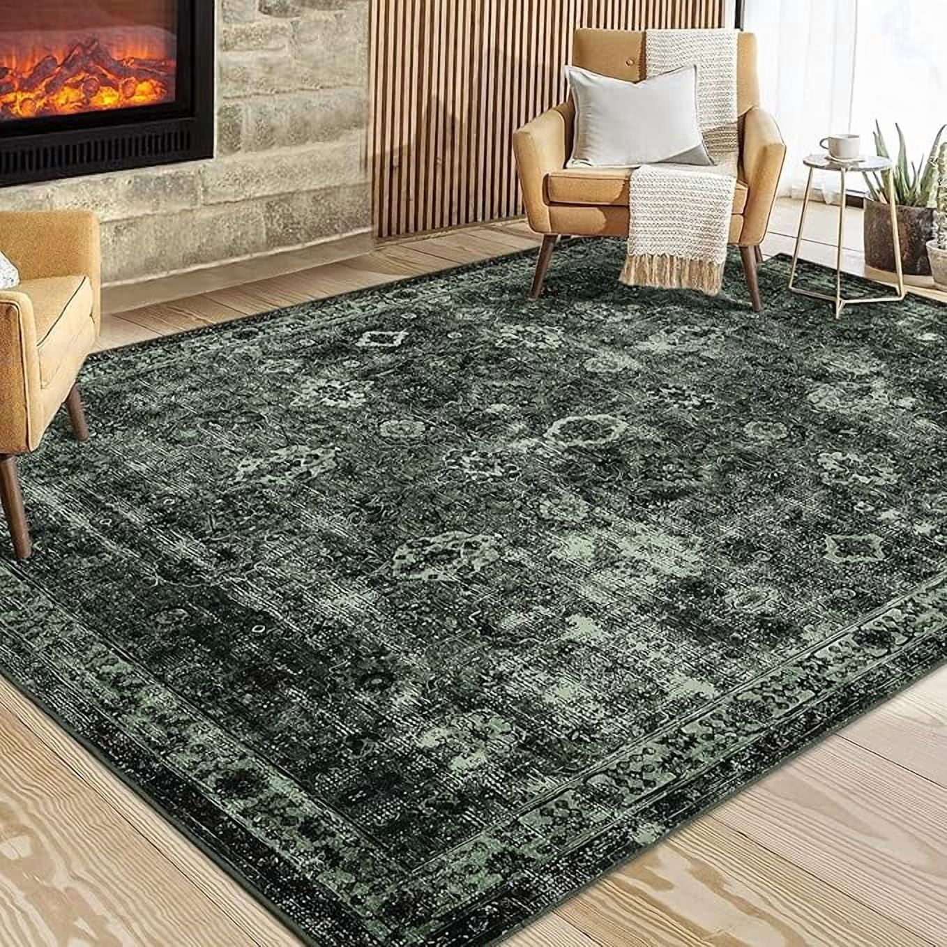 Vintage Floral 10x13 Rugs Reddish Brown Washable Area Rug for Bedroom Living Room Non Slip Boho Rug Thin Printed Faux Wool Soft Floor Carpet for Dining Room Nursery Playroom Indoor Office