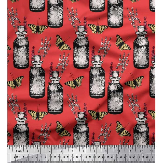 Soimoi Orange Rayon Fabric Insect,Lavender & Vintage Bottle Printed Craft Fabric by The Yard 42 Inch Wide