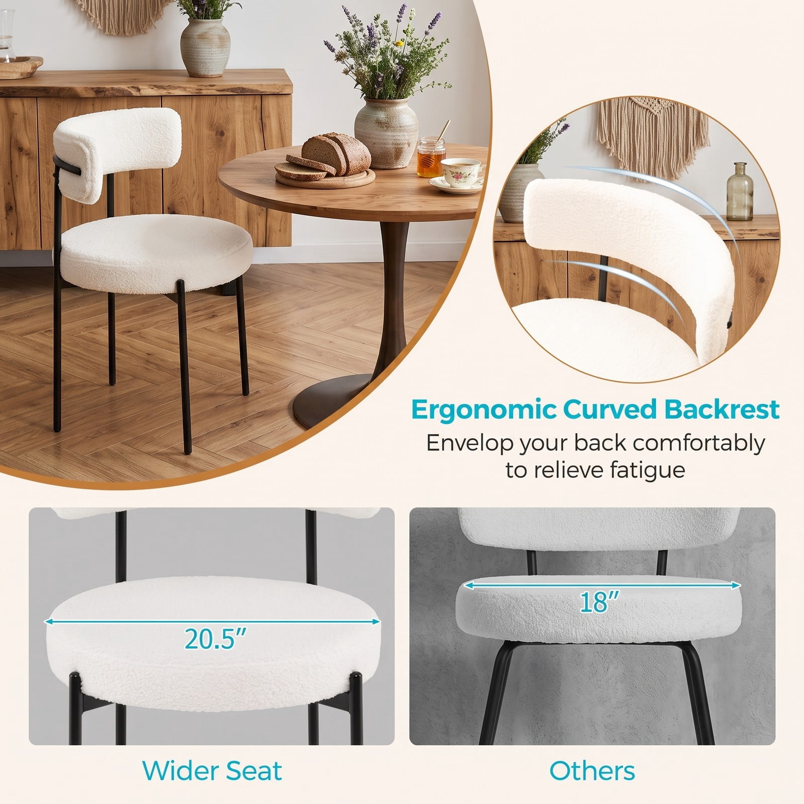 Furnibear Boucle Dining Chairs Set of 2, Upholstered Faux Sherpa Accent Side Chairs with Curved Backrest and Metal X-Legs for Kitchen Dining Room Living Room, White