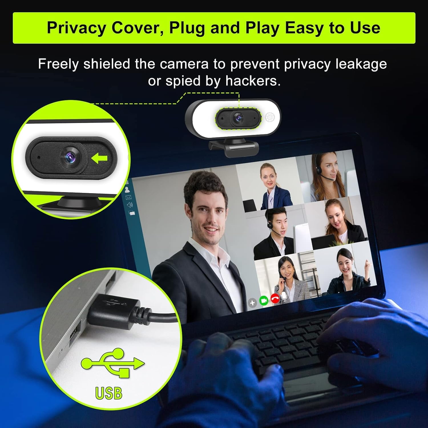 ZIQIAN 1080p HD Webcam with Auto Focus & Ring Light, Privacy Cover, Tripod Included, Plug and Play