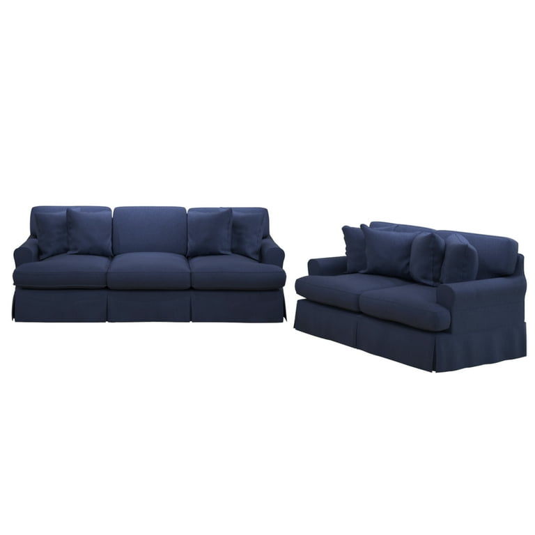 Horizon 2PC Slipcovered Sofa Loveseat Set Navy Blue Washable Performance Fabric