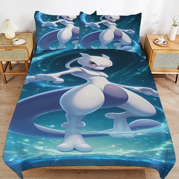 Mewtwo Duvet Cover Bedding Set Cartoon Print Soft Quilt Cover 3 Pieces, 1 Comforter Cover & 2 Pillowcases for Kids Teens Boys Girls Room Decor 86"x70"