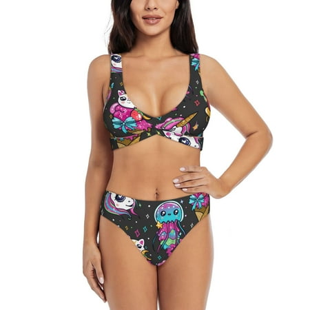 Kdxio Cat Icecream Print Women s 2 Piece High Waisted Wrap Spaghetti Strap Summer Swimsuit Bikini Set-XX-Large