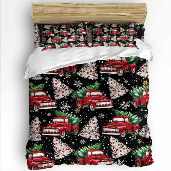 Christmas King Size Comforter Set, Christmas Truck Xmas Pine Tree Snowflakes Black Red Bedding for All Seasons, 4 Pcs Bed Set with 1Comforter (90"x106") ,1 Sheet(94"x116"), 2 Pillowcases (19"x35")