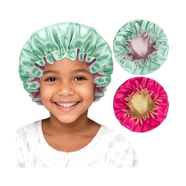 wonima11 2 PCS Kids Bonnets for Girls, Double Layer Silk Bonnet for Kids 3-12years, Baby Satin Bonnet for Sleeping