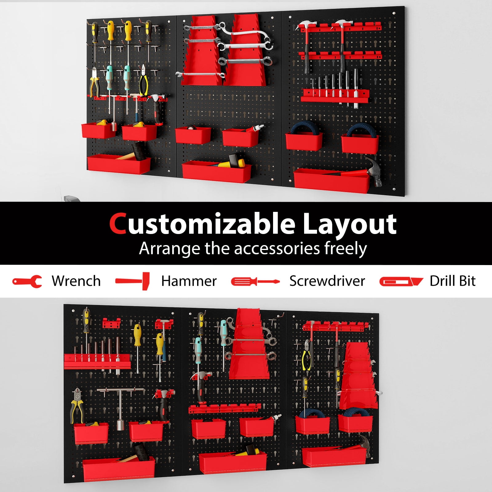 Gymax 9-Bin Parts Rack Organizer Pegboard Wall Organizer w/ Hammer Racks Tool Holders