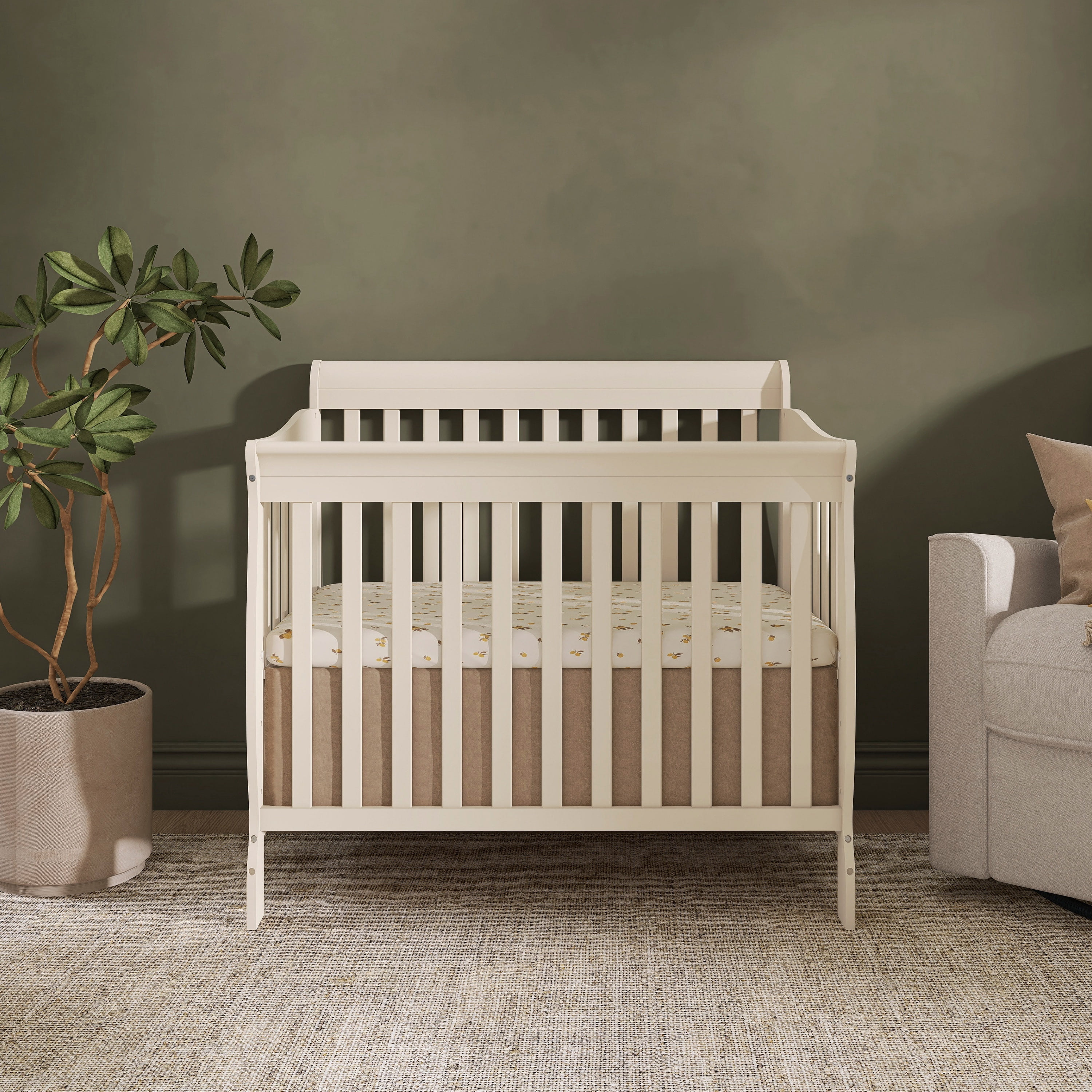 Dream On Me Aden 4-in-1 Convertible Mini Crib In French White, Greenguard Gold Certified