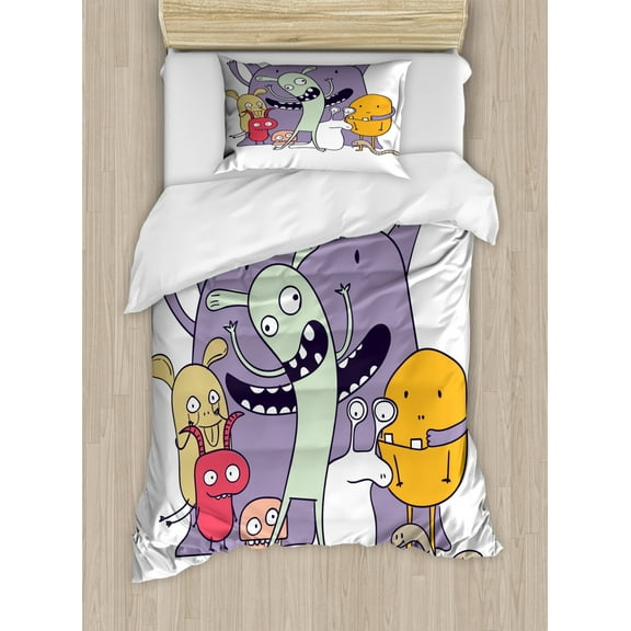 Alien Duvet Cover Set Twin Size, Pattern of Hilarious Various Beasts and Monsters Concept Spooky Fun Design, Decorative 2 Piece Bedding Set with 1 Pillow Sham, Mauve and Multicolor, by Ambesonne