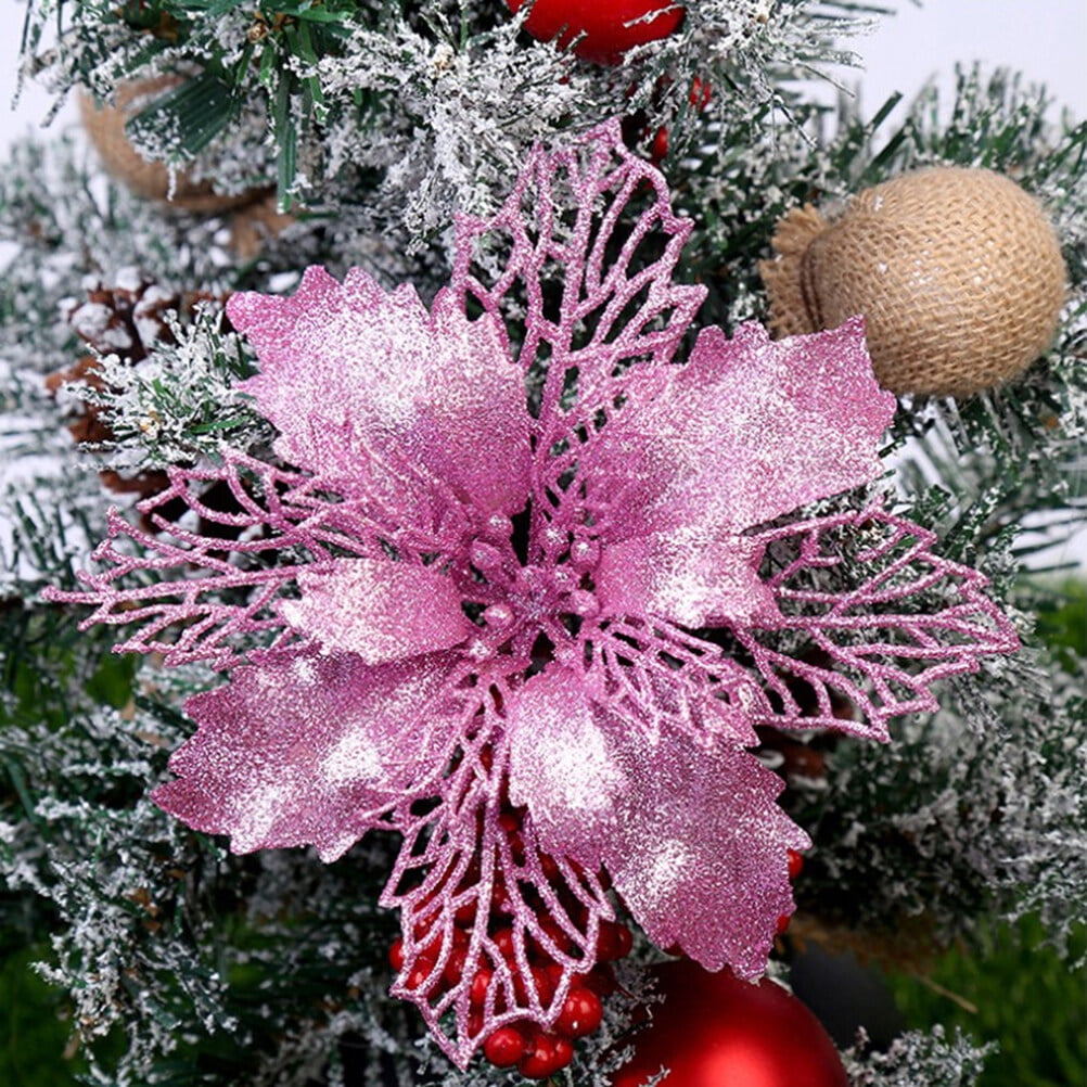 1 x 10cm Pink with Silver Sparkle Rose Clip On Christmas Tree Flower  Decoration