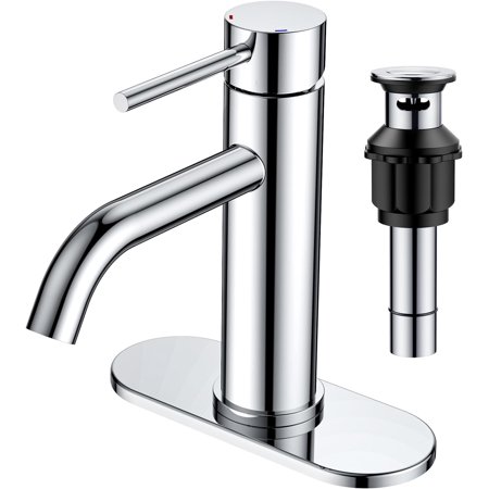 Single Hole Bathroom Faucets 1 Handle, Chrome Bathroom Sink Faucet with Metal Pop up Drain and Supply Hose, Suitable for Vanity Lavatory Restroom Remodel