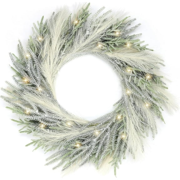 Perfnique 24'' Christmas Wreaths for Front Door with Lights, Winter Outdoor Wreath for Wall Fireplace Decor (Pine and Pampas)