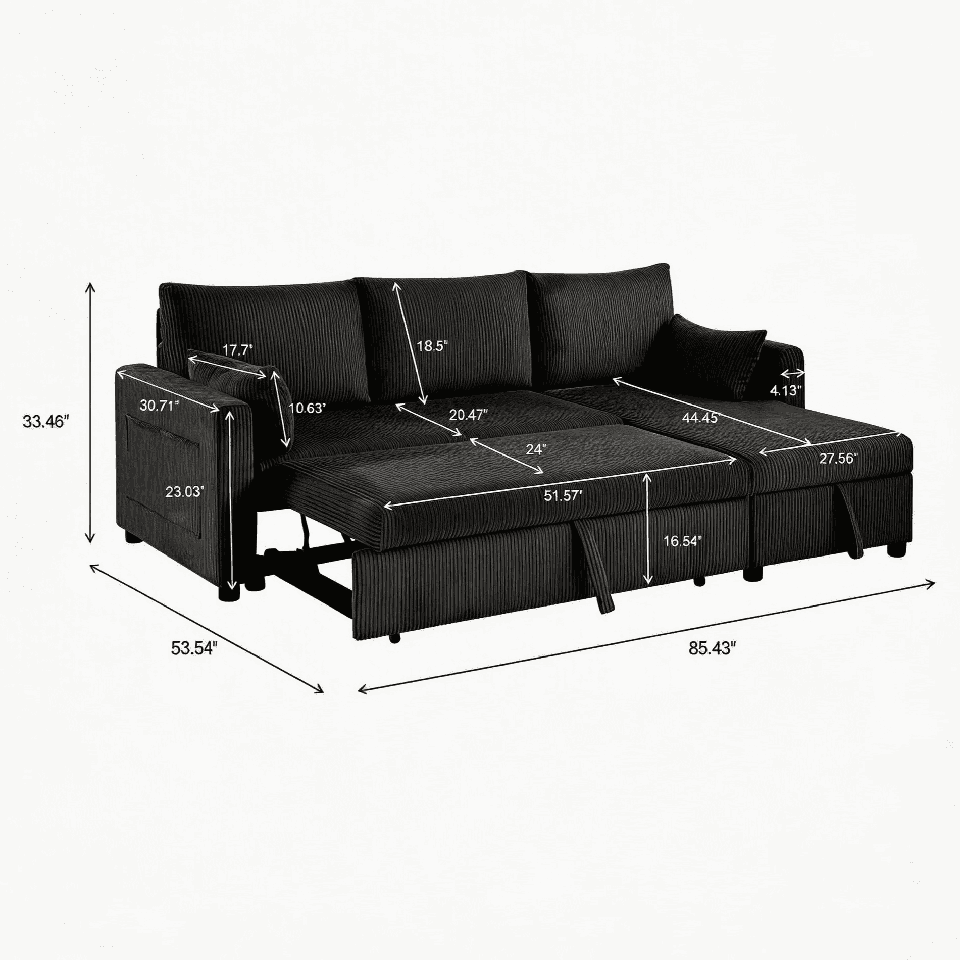 BSHTI L-Shaped Pull-Out Sleeper Sofa Bed with Storage Chaise, 3-Seater Convertible Corduroy Sectional Couch, Solid Wood & Iron Frame, Black