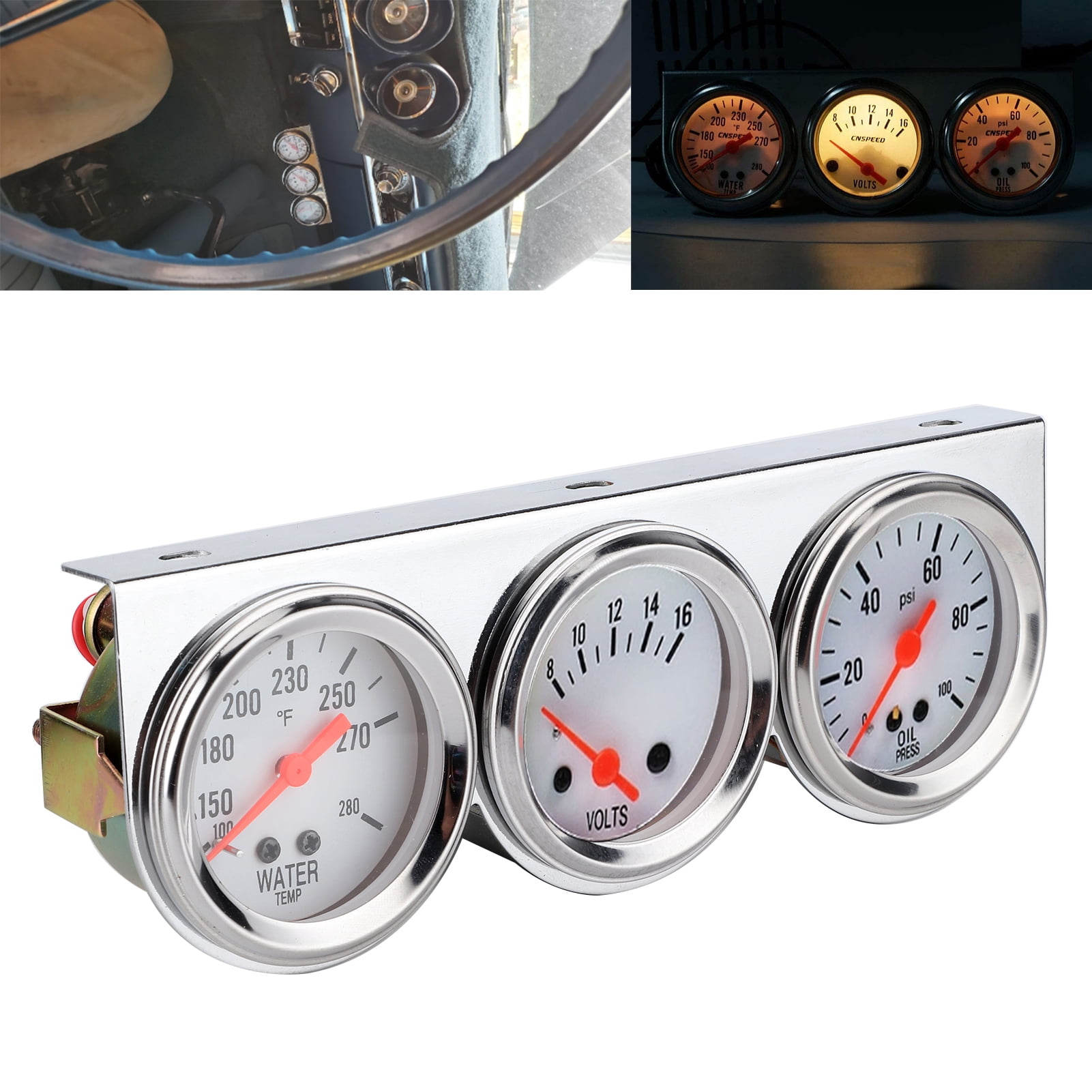 Triple Gauge Set, Universal 3 In 1 Gauge Set Water Temp Volts Oil Volt