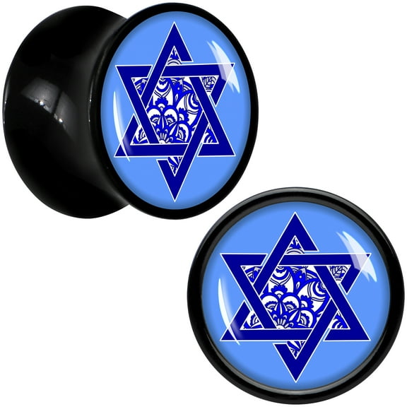 Body Candy 00 Gauge Floral Star of David Black Acrylic Saddle Plug Set