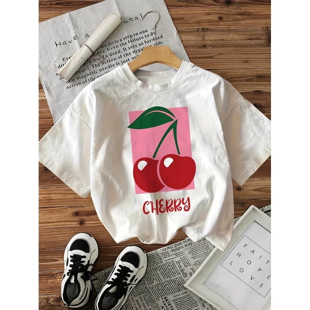 Flat Style Cherry CHERRY Print Short Sleeve Round Neck T-Shirt