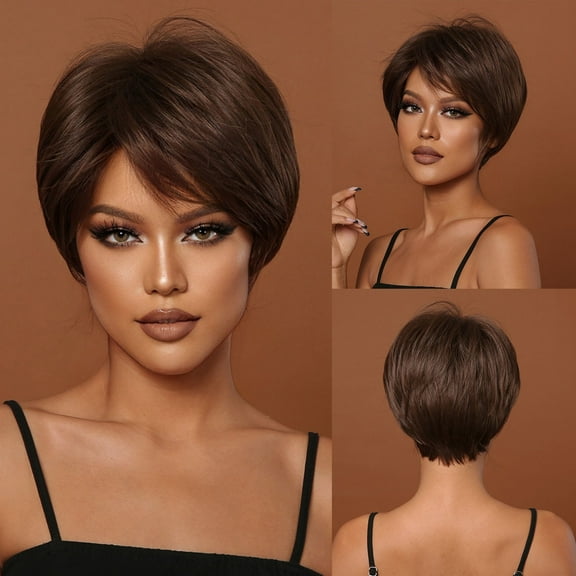 Summer Dark coffee brown Short Hair European and American Style Natural Wig Women's Short Hair Age Reducing Full Headset Wig