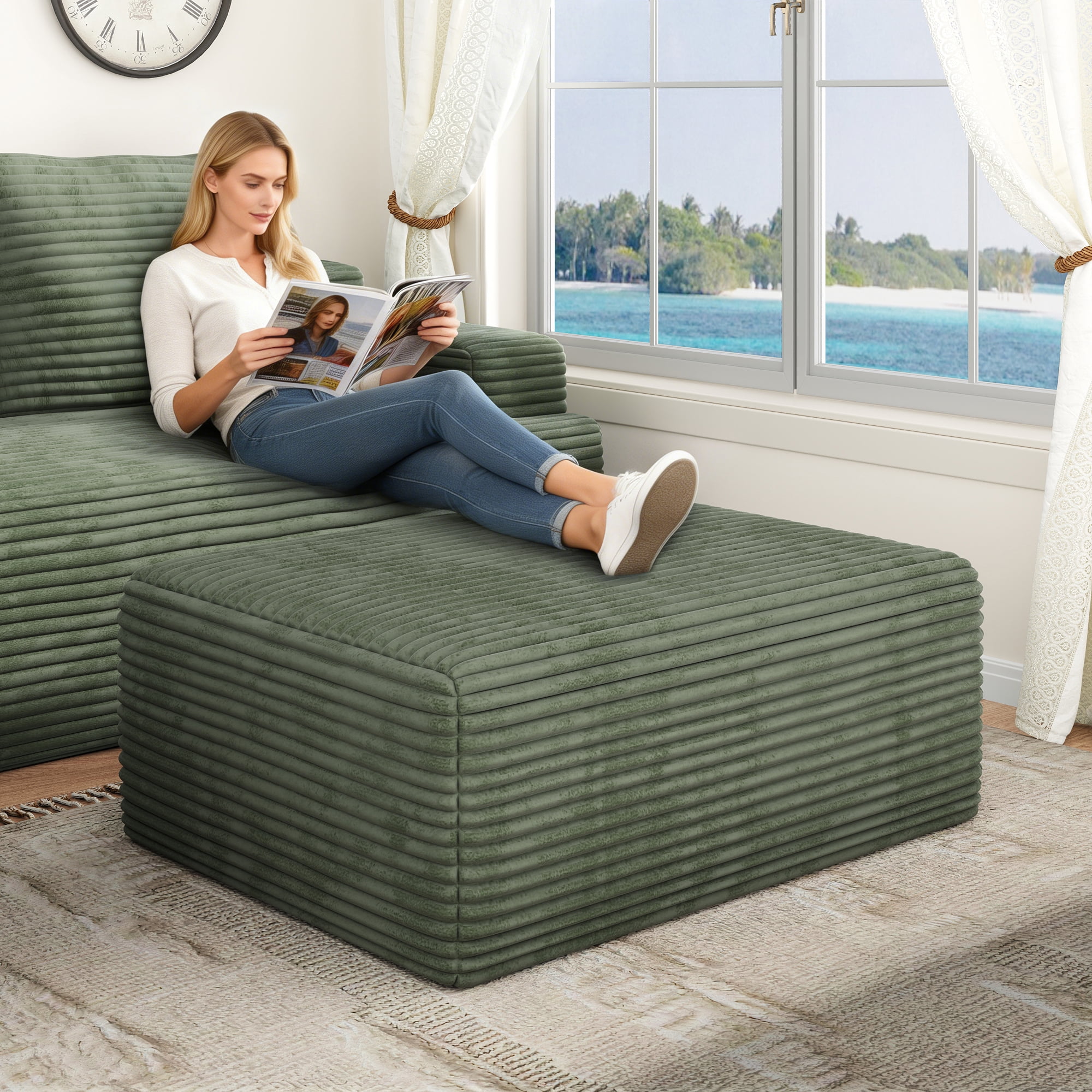 Large Oversized Ottoman Bench for Living Room, Extra Seating & Coffee Table for Sofa, Plush Corduroy Pouf Footrest, No Assembly Needed, Rectangle Floor Ottoman, (Sage Green)