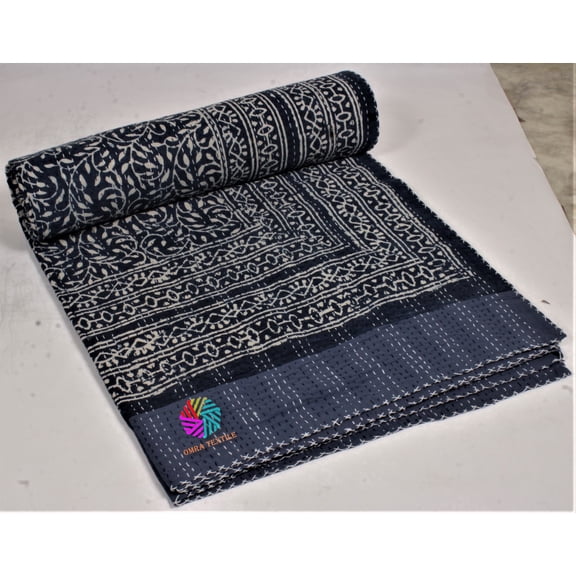 Handmade Indigo Kantha Coverlet | Block Printed Pure Cotton Bedspread | Hand Stitched Indian Throw for Boho Bedroom Home Décor