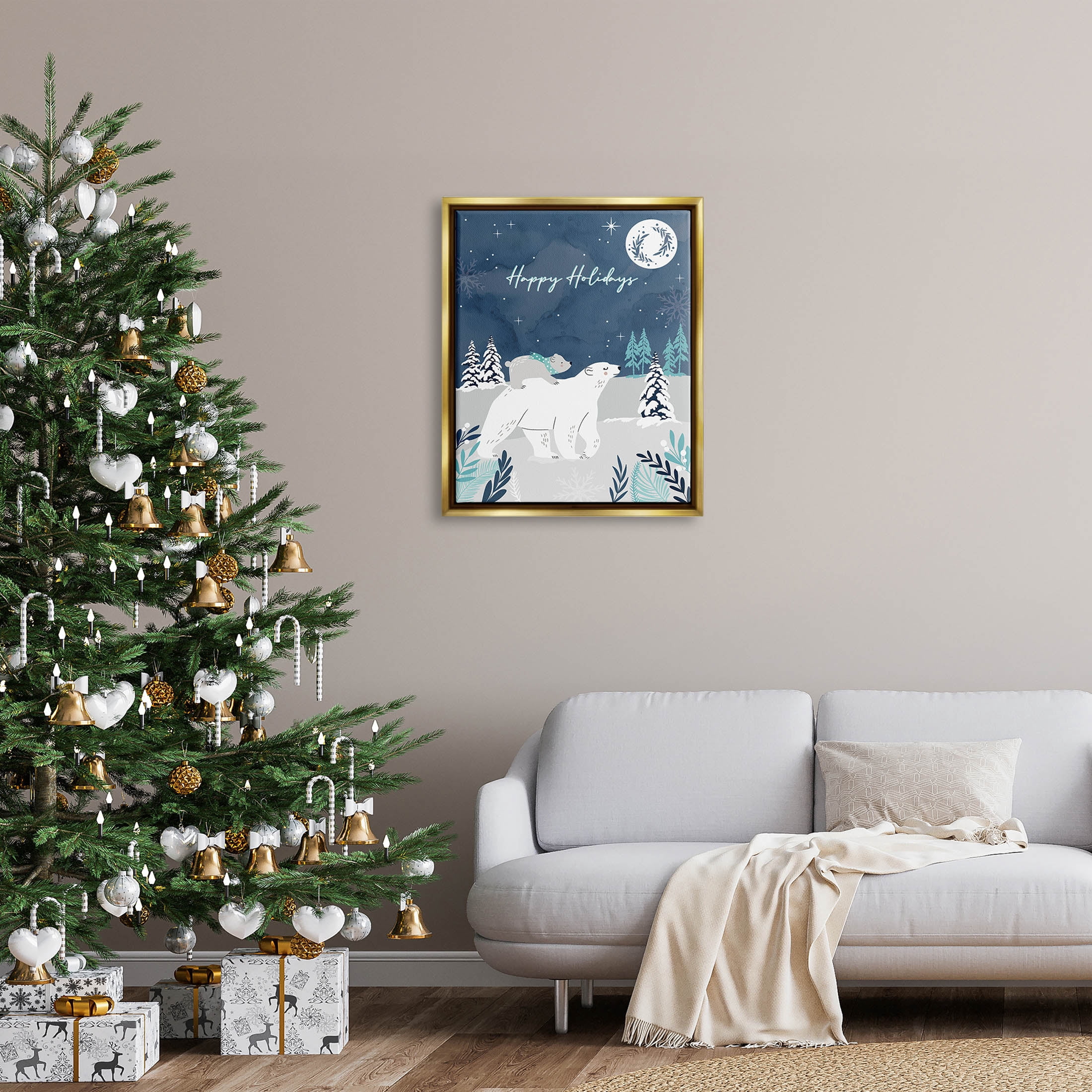 Happy Holidays Winter Snow Bears Holiday Graphic Art Metallic Gold Framed Art Print Wall Art