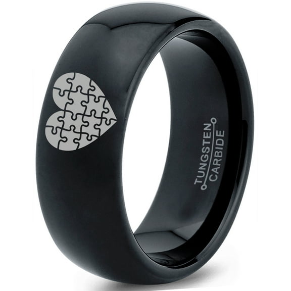 Tungsten Puzzle Heart Band Ring 8mm Men Women Comfort Fit Black Dome Polished
