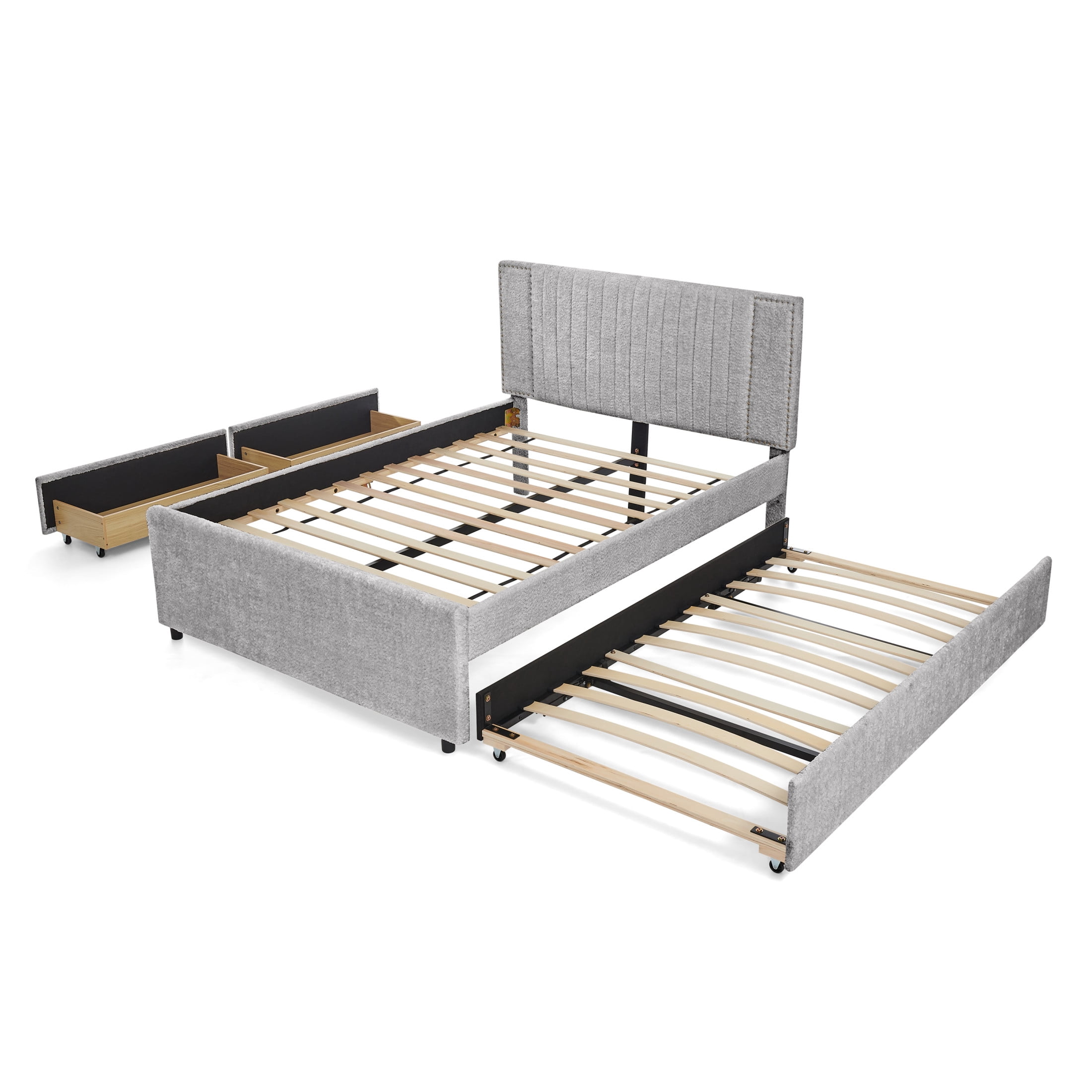 Noble House Luxen Full Chenille Upholstered Bed, Vertical Tufted Daybed with Pull-out Trundle and Storage Drawers, Gray