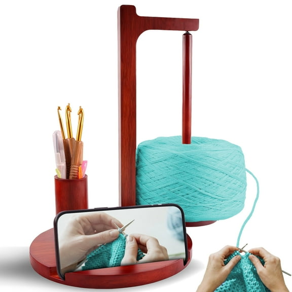 Yalumo Wooden Yarn Holder for Crocheting and Knitting, Magnetic Rotating Yarn Spinner with Crochet Hooks, Needles, and Phone Stand with Storage Organizer, Great Gift for Yarn Lovers