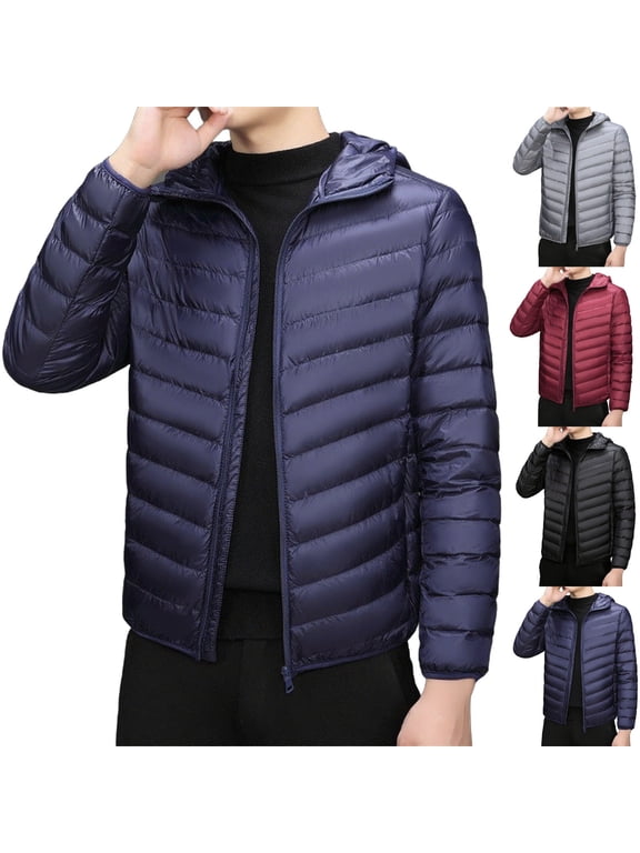 Mens Puffer Jackets Plus Size Mens Jackets Men's Winter Hooded Down Jacket Zipper Cardigan Pocket Long Sleeve Padded Jacket Coat, XL-5XL