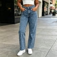thumbnail image 2 of Tqcoqu Women's High Waist Pearl Embellished Wide Leg Jeans,Vintage Washed Denim Pants Button Zip Trousers With Pockets,Blue Women's XXS-M, 2 of 8