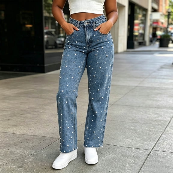 Karymi Womens Shorts Pearl Embellished Straight Leg Jeans, High Waist Button Fly Belt Loops Trousers, Vintage Streetwear Pants Shorts for Women