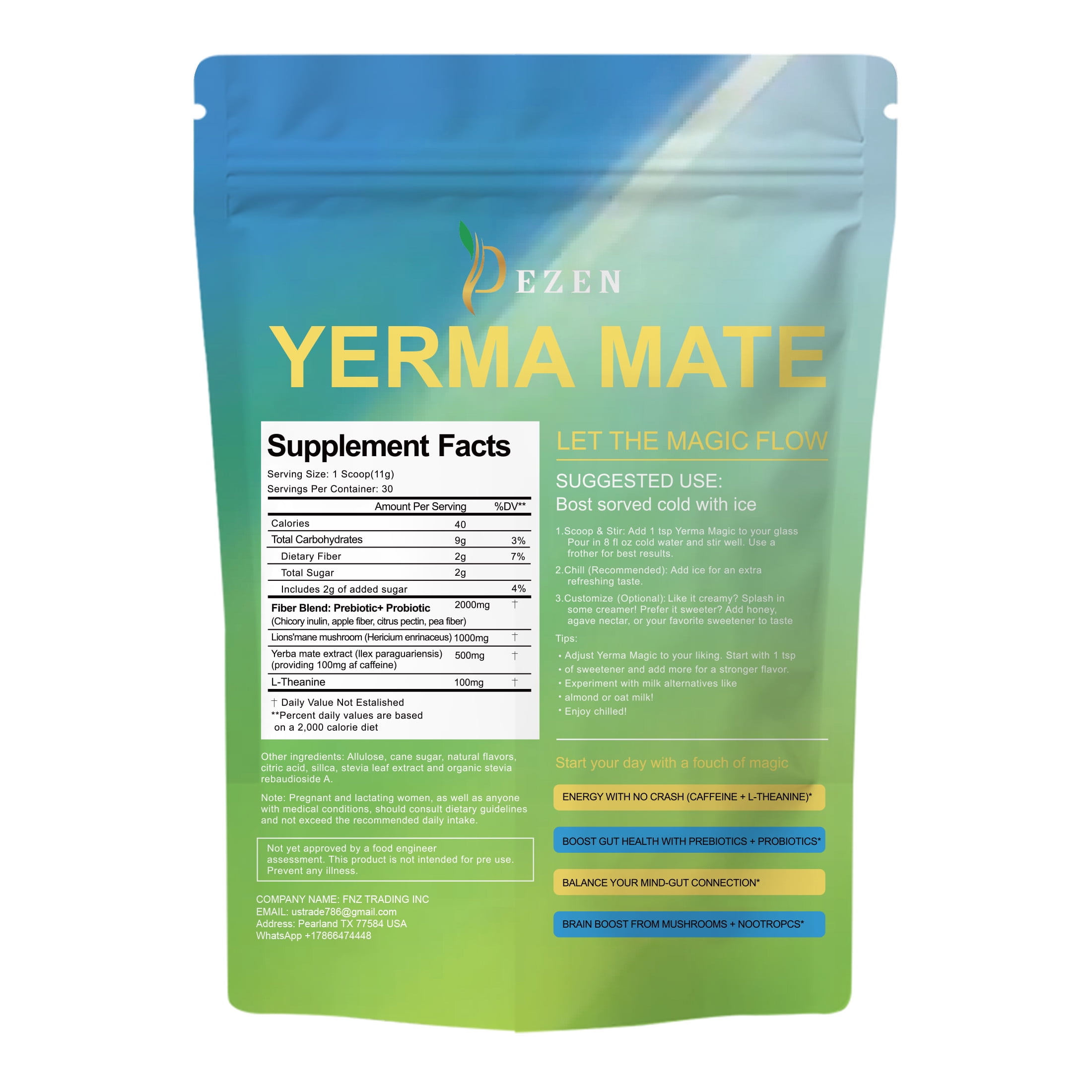DEZEN Yerba Mate Tea Powder Drink Mix, Digestive Support & Natural Caffeine, Low Sugar, 11.64 oz, Pack 5