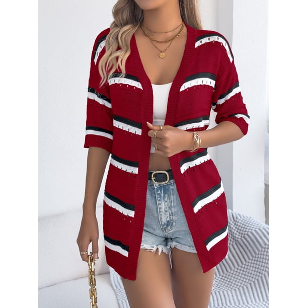 Cárdigan informal de punto para mujer, de talla grande, liso, con aberturas, de manga media, abrigo, camisa de poliéster para mujer