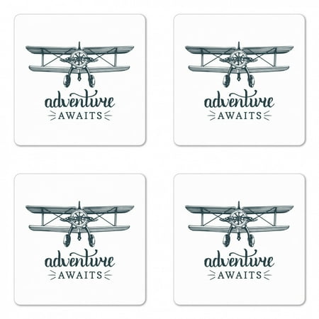 

Saying Coaster Set of 4 Vintage Airplane Design with Freedom Message Flying Aircraft Adventure Square Hardboard Gloss Coasters Standard Size Dark Petrol Blue White by Ambesonne