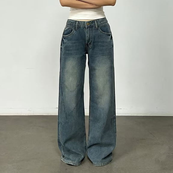Women's Wide Leg Jeans, Baggy High Waist Pleated Denim Pants, Retro Washed Casual Jeans for Women, Loose Fit Everyday Pants, Y2K Vintage Streetwear and Daily Outfits-Blue