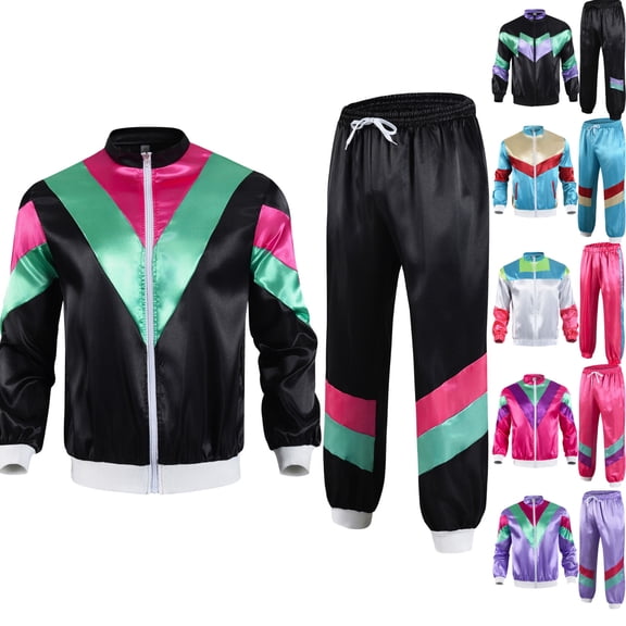 Gamivast Retro Tracksuit for Men Color Block Bomber Jacket and Elastic Pants Shiny Satin 80S 90S Outfit for Disco Party Hip Hop Dance Casual Clothing