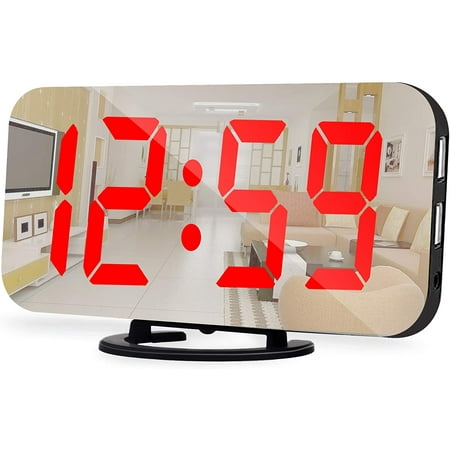 Digital Alarm Clock, 6.5 Inch Large LED Display, Mirror, Dual USB Charging Port, 3 Alarms, Auto Brightness Adjustment, 12/24 Hours, Snooze, for Bedroom, Home or Office, Red