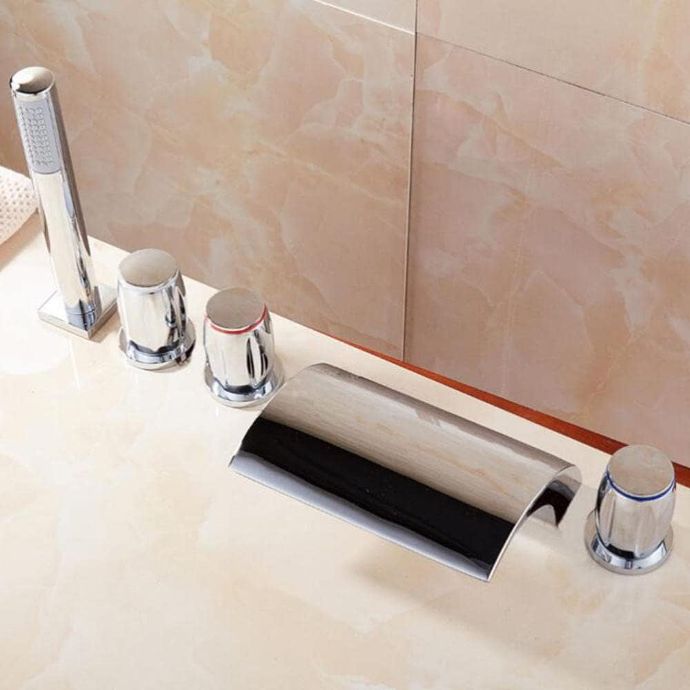 5-Hole Faucet Brass Hot Water and Cold Water Bathtub Faucet Pull-Out Shower Bathroom Faucet Chrome Plated