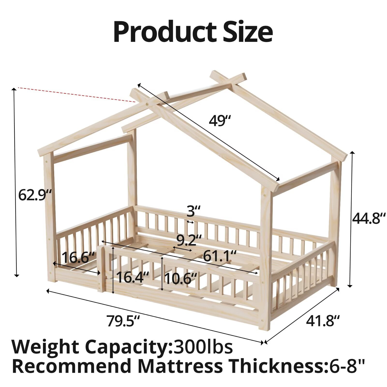 Twin Size House Bed with Fence, Wood Floor Bed with Roof, Montessori Bed Frame Playhouse Bed for Girls and Boys Bedroom, Easy Assembly, Natural
