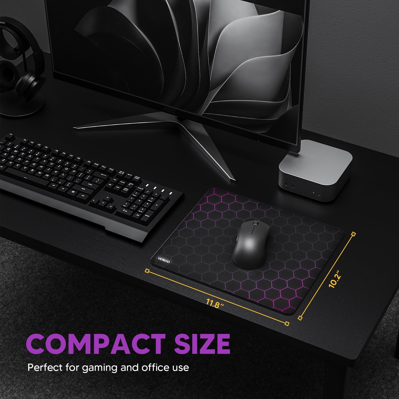 Vetroo GMP300 Tempered Glass Gaming Mouse Pad, Micro-Etched 3mm Tempered Glass with Silicone Anti-Slip Base, Multi-Layer Curing, Smooth Operation for Esport & Work - Black