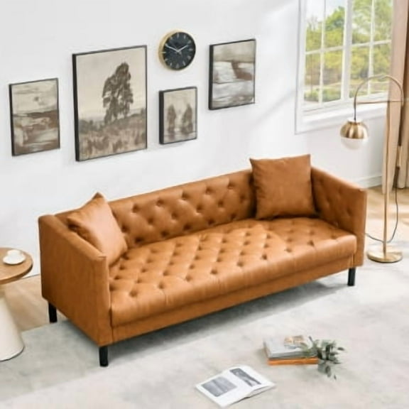 81" Modern Leather Couch for Living Room,Modern Leather Chesterfield Sofa with Deep Seats and 2 Pillows,Chesterfield Couch Handmade Button Tufted 3 Seater Sofa 3 Seater Sofa with Button Tufted, Sleepe
