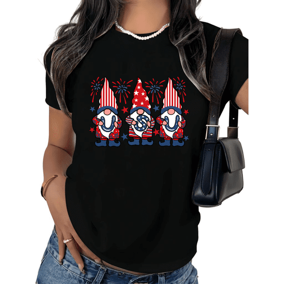 UNISHE Women's USA Patriotic Gnome Graphic Short Sleeve T-Shirt Firework Cotton Crewneck Relaxed Fit Casual Tops