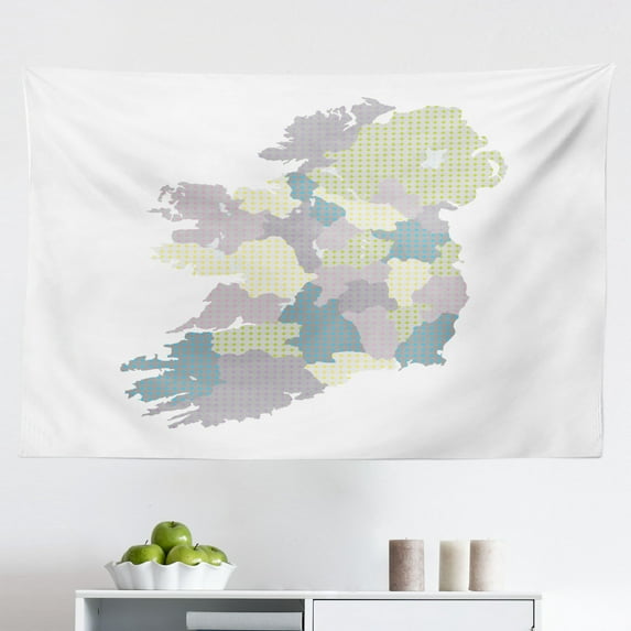 Ireland Map Tapestry, Illustration of Flag Colors in a Mapping with City Names Written, Fabric Wall Hanging Decor for Bedroom Living Room Dorm, 2 Sizes, Orange Green and White, by Ambesonne