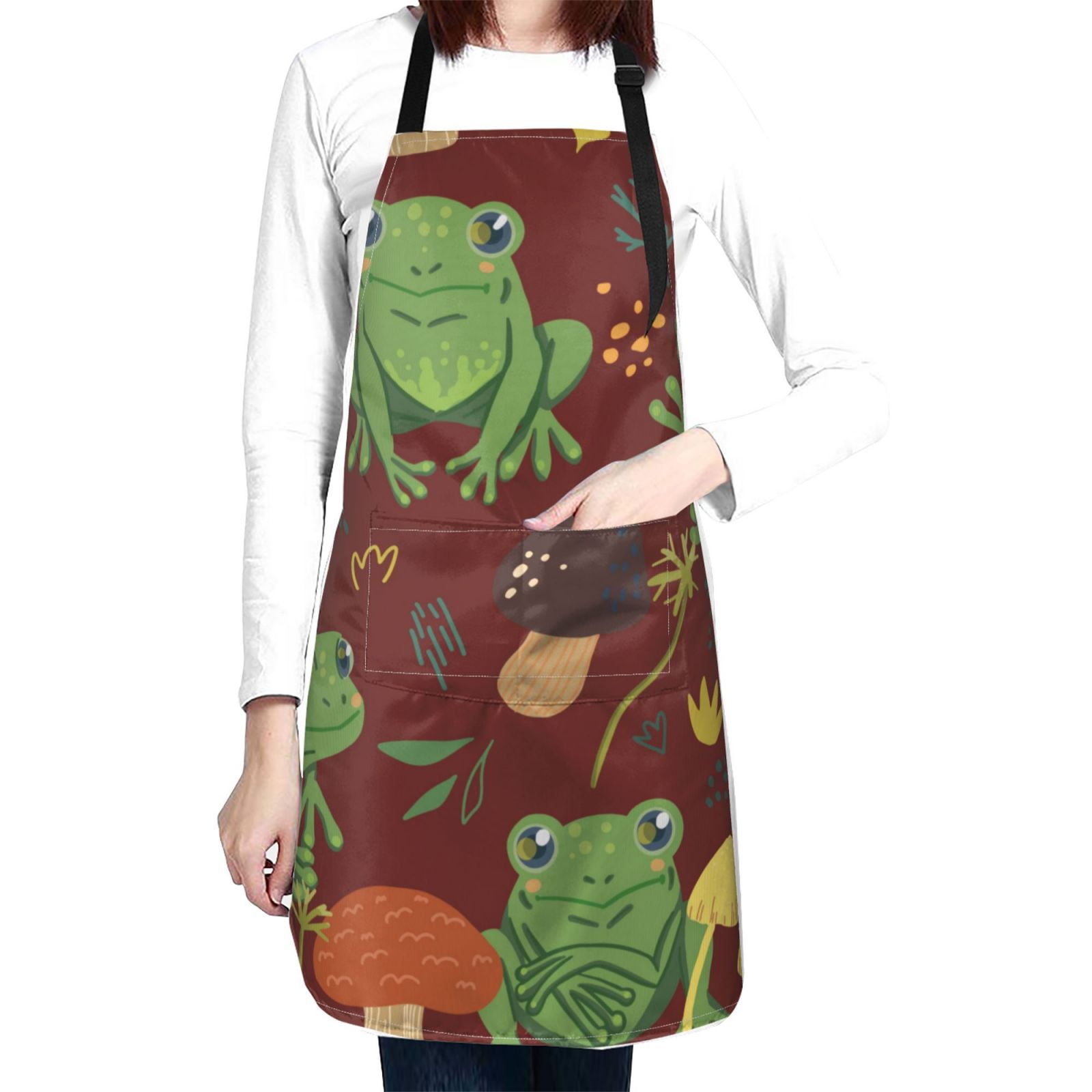 Kdxio Frogs and Mushrooms Apron with Pockets Adjustable Kitchen Aprons for Men Women Waterproof Aprons for Cooking,Drawing,Crafting, Baking Household Cleaning
