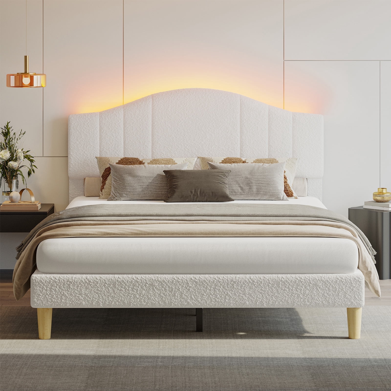 Pinmoco Queen Upholstered Bed Frame with Adjustable Arc-shaped Headboard, LED Platform Bed, Teddy Velvet White