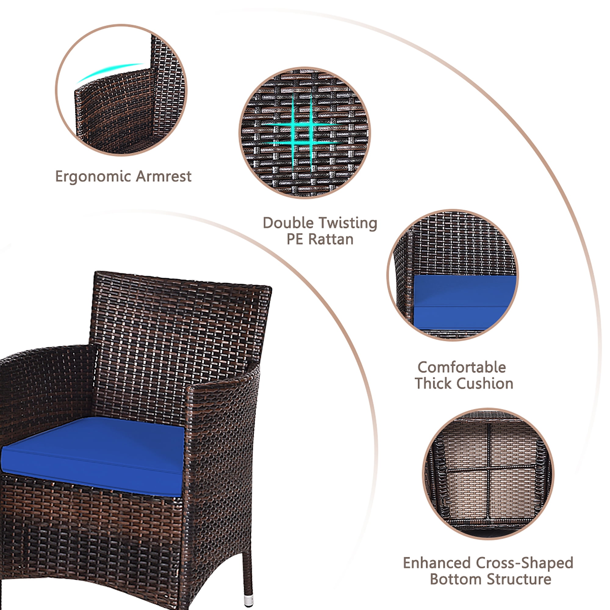 Costway Outdoor 3 PCS Rattan Wicker Furniture Sets Chairs Coffee Table Garden Navy