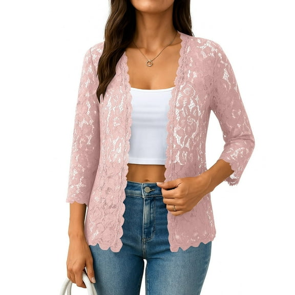 UTSJKR Women's Lace Cardigan 3/4 Sleeve Open Front Crochet Sheer Shrugs Floral Hollow Dressy Casual Plus Size Coverups Pink XXXL