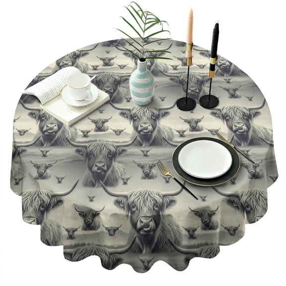 Gray Highland Cow Layer Pattern Round Tablecloth 60"x60",Wrinkle Wipeable Table Cloth for Kitchen Dining Room Picnic Patio Party